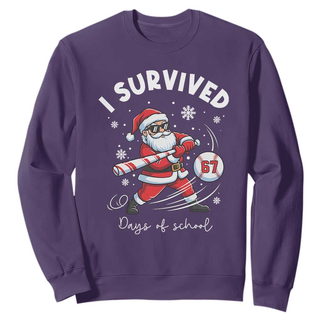 I Survived 67 Days Of School Baseball Santa Sweatshirt Funny Christmas Six Seven Meme TS14 Purple Print Your Wear