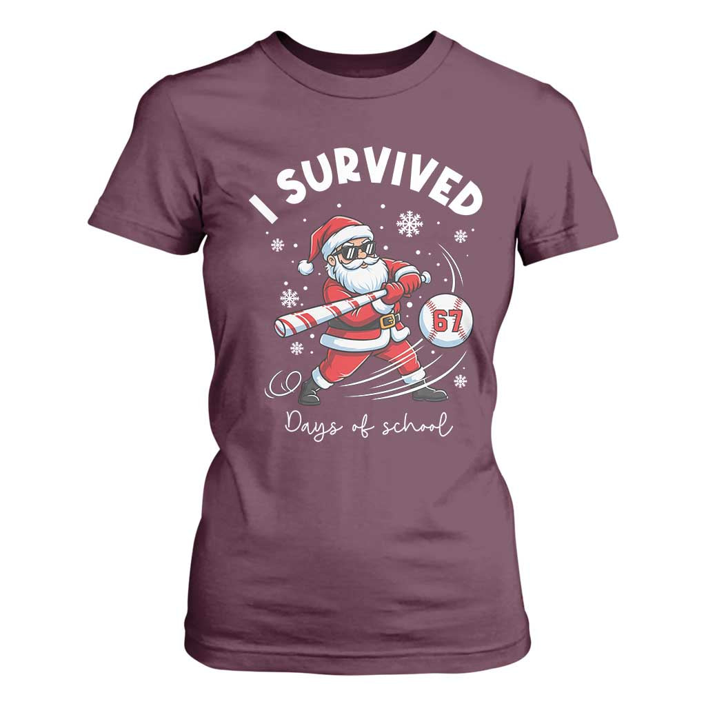 I Survived 67 Days Of School Baseball Santa T Shirt For Women Funny Christmas Six Seven Meme TS14 Maroon Print Your Wear