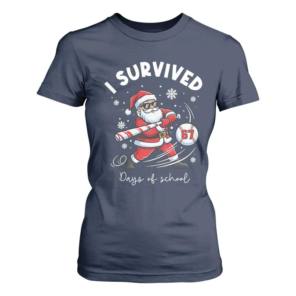I Survived 67 Days Of School Baseball Santa T Shirt For Women Funny Christmas Six Seven Meme TS14 Navy Print Your Wear