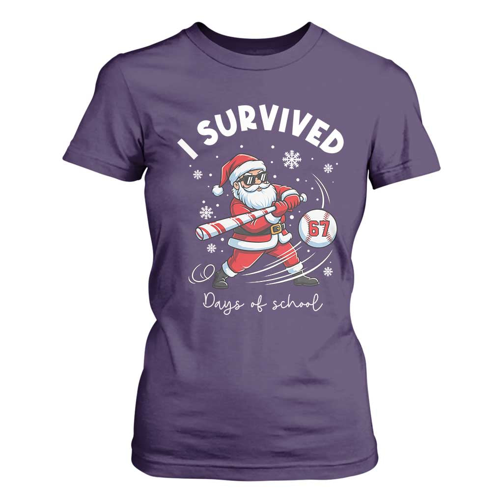 I Survived 67 Days Of School Baseball Santa T Shirt For Women Funny Christmas Six Seven Meme TS14 Purple Print Your Wear