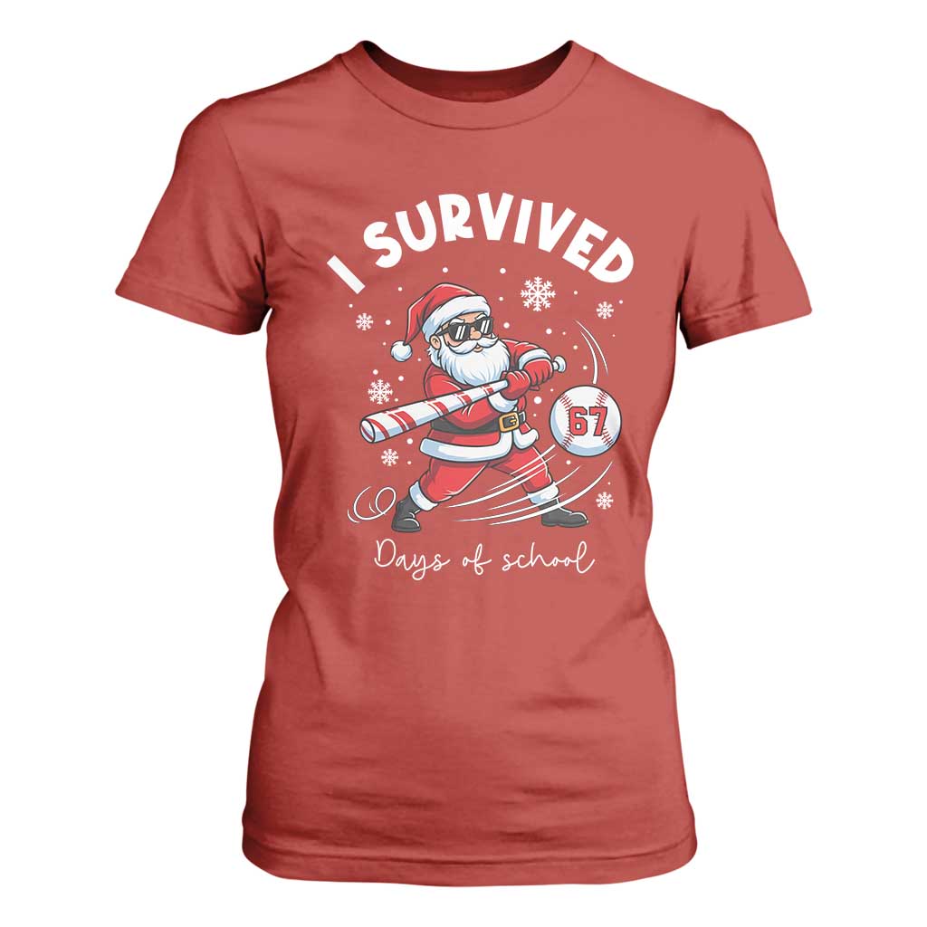 I Survived 67 Days Of School Baseball Santa T Shirt For Women Funny Christmas Six Seven Meme TS14 Red Print Your Wear
