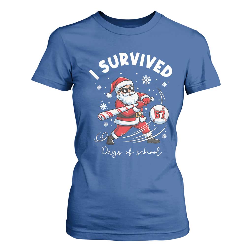 I Survived 67 Days Of School Baseball Santa T Shirt For Women Funny Christmas Six Seven Meme TS14 Royal Blue Print Your Wear
