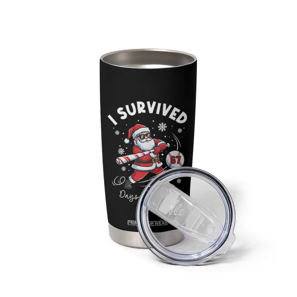 I Survived 67 Days Of School Baseball Santa Tumbler Cup Funny Christmas Six Seven Meme - Print Your Wear