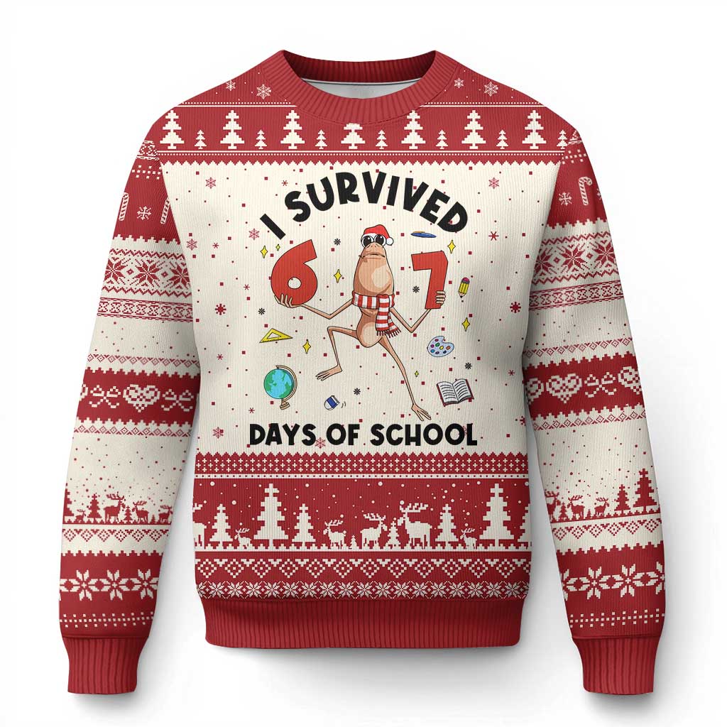 Marcus The Worm 67 Days of School Ugly Christmas Sweater I Survived Funny Six Seven Meme Xmas Vibe TS14 Beige Red Print Your Wear