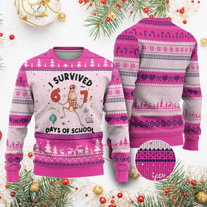 Marcus The Worm 67 Days of School Ugly Christmas Sweater I Survived Funny Six Seven Meme Xmas Vibe TS14 Hot Pink Print Your Wear