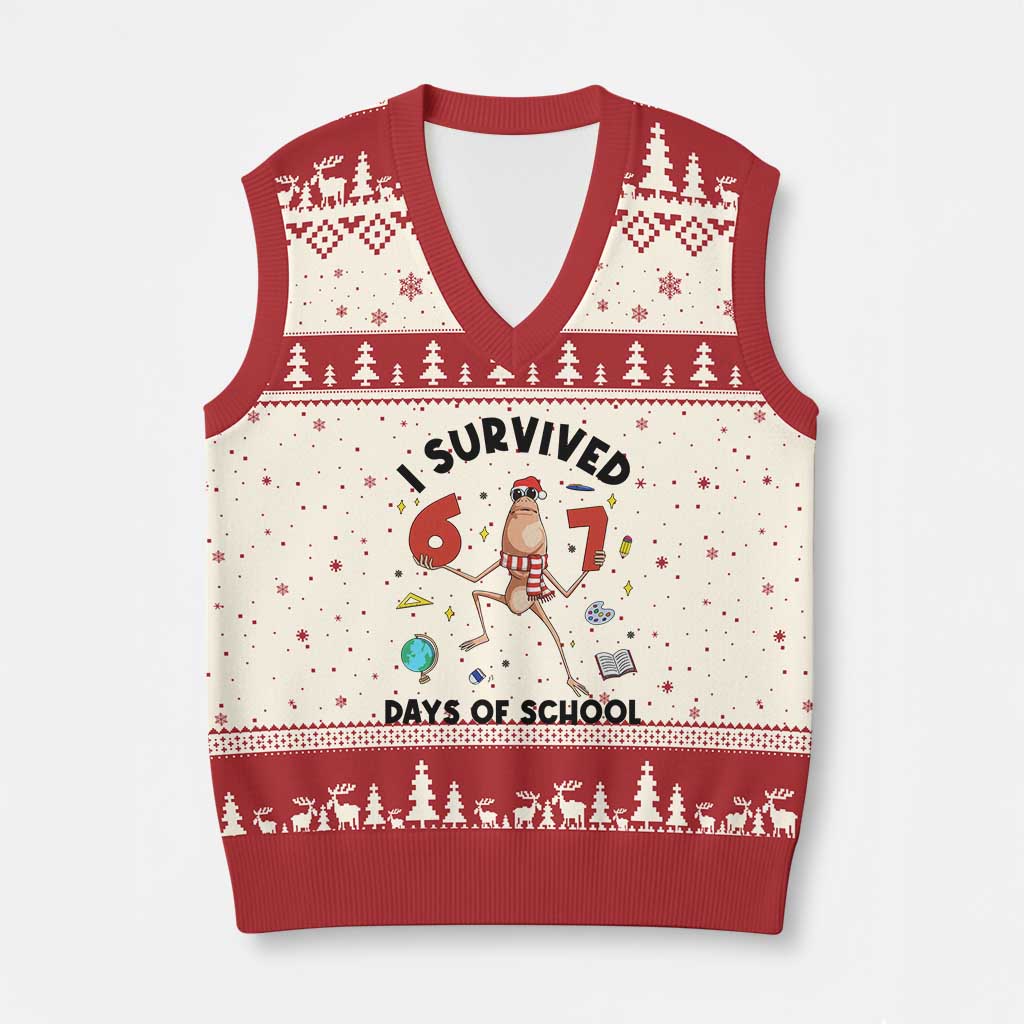 Marcus The Worm 67 Days of School V-Neck Knit Sweater Vest I Survived Funny Six Seven Meme Xmas Vibe TS14 Beige Red Print Your Wear