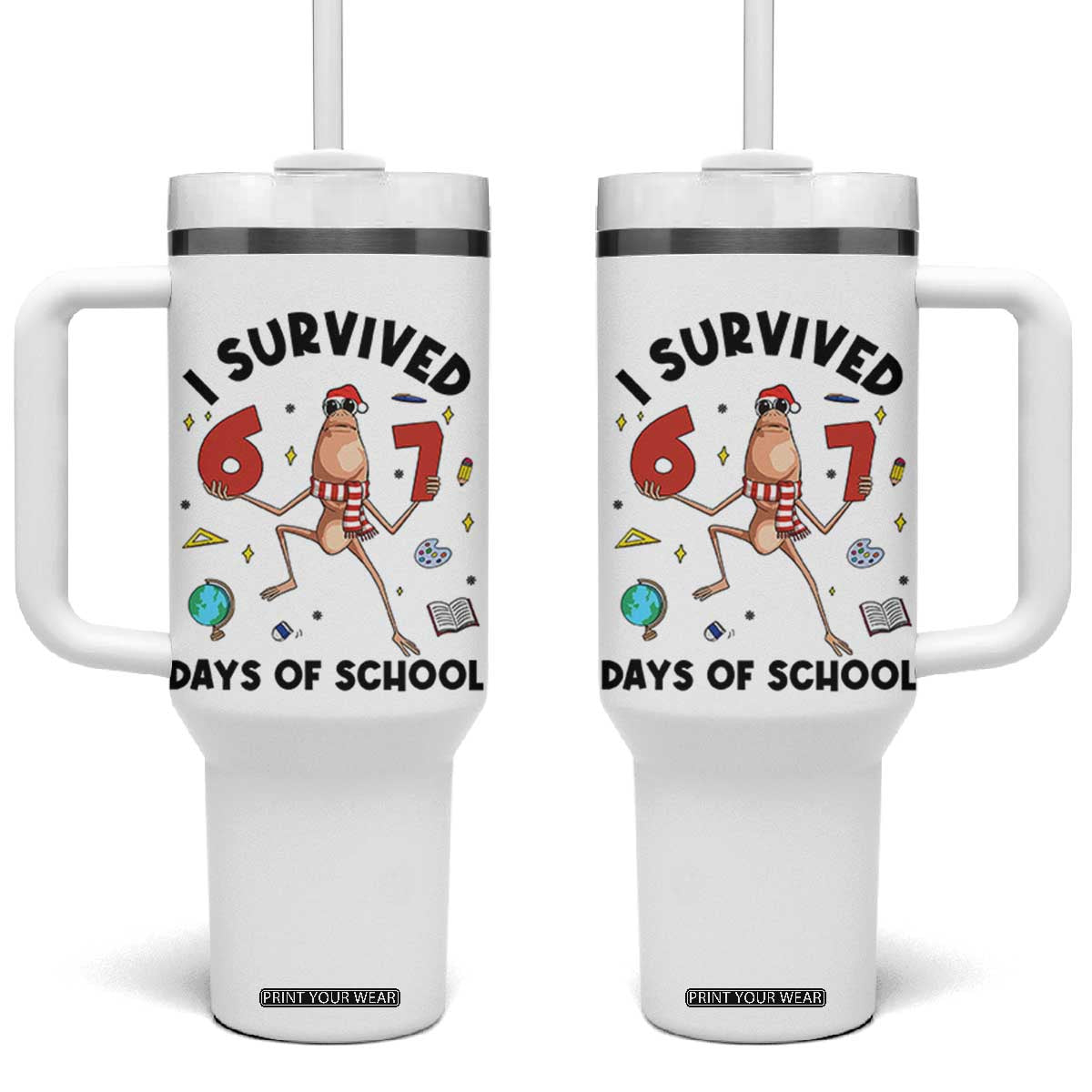 Marcus The Worm 67 Days of School Tumbler With Handle I Survived Funny Six Seven Meme Christmas Vibe TS14 One Size: 40 oz White Print Your Wear