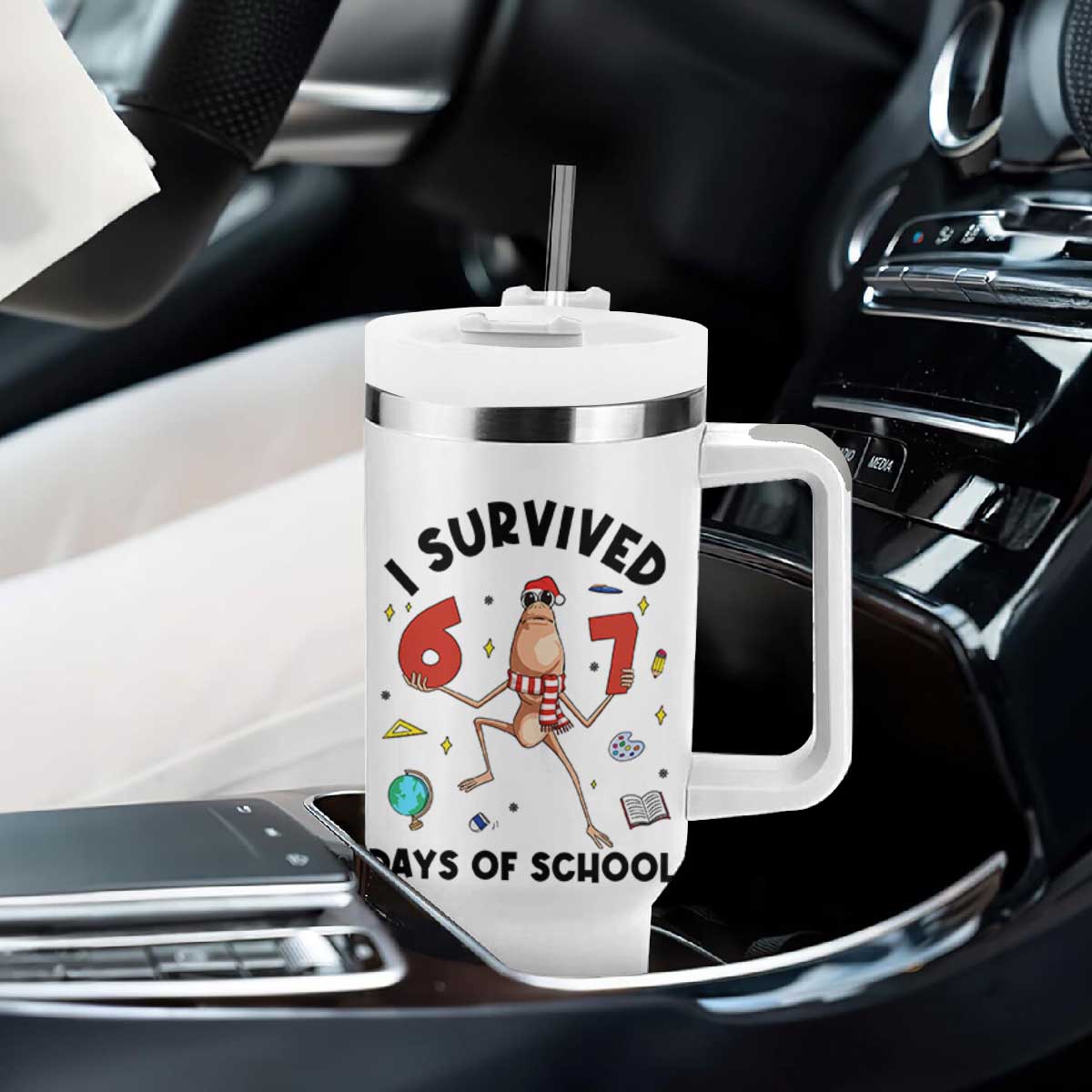 Marcus The Worm 67 Days of School Tumbler With Handle I Survived Funny Six Seven Meme Christmas Vibe - Print Your Wear