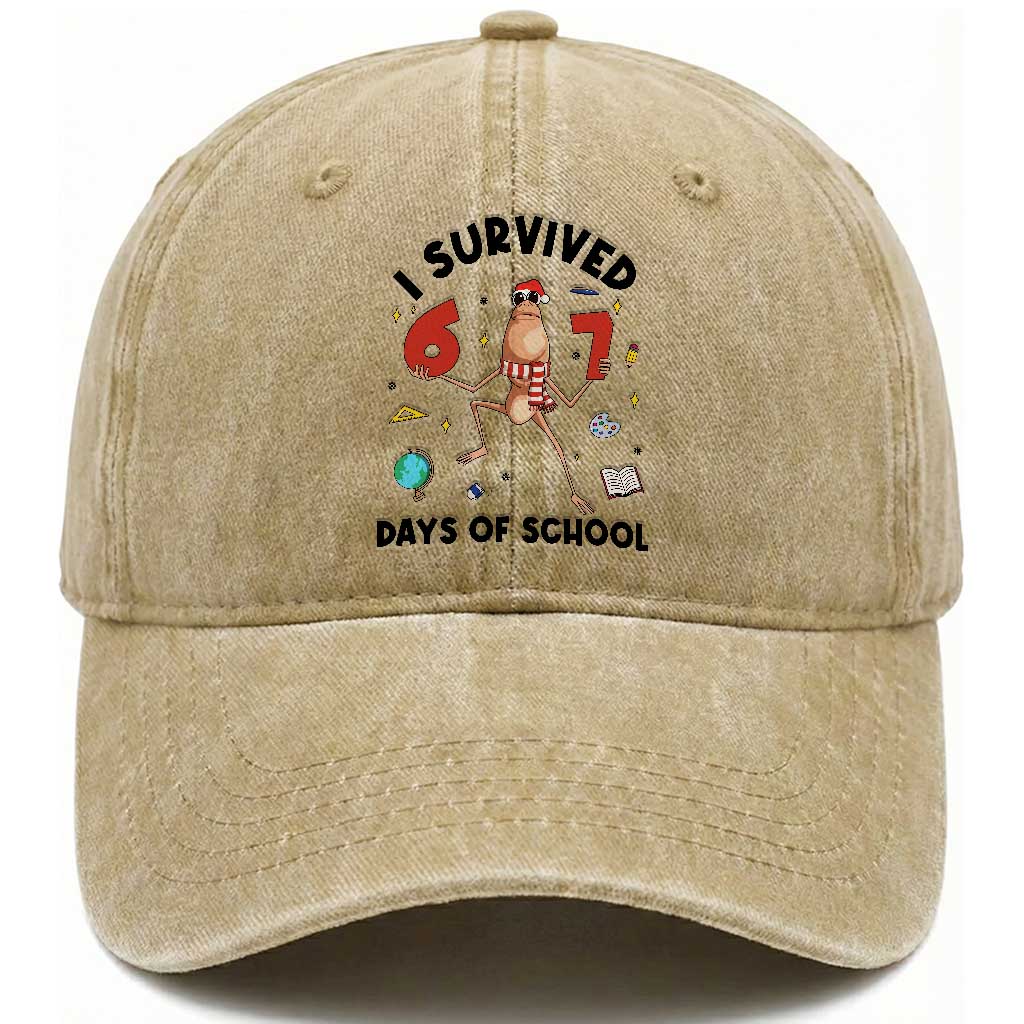 Marcus The Worm 67 Days of School Washed Cotton Baseball Cap I Survived Funny Six Seven Meme Christmas Vibe TS14 Washed Cap Universal Fit Khaki Print Your Wear