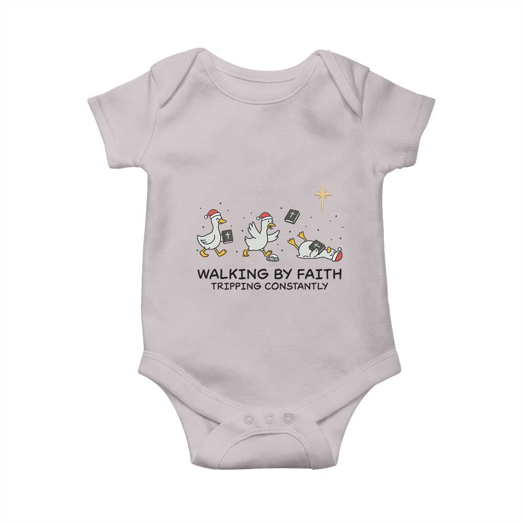 Funny Christian Goose Christmas Baby Onesie Walking By Faith Tripping Constantly TS14 Ice Gray Print Your Wear