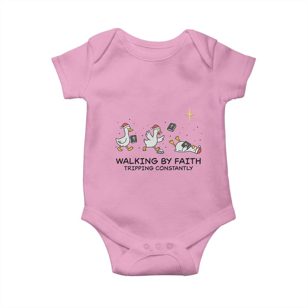 Funny Christian Goose Christmas Baby Onesie Walking By Faith Tripping Constantly TS14 Light Pink Print Your Wear