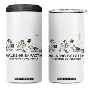 Funny Christian Goose Christmas 4 in 1 Can Cooler Tumbler Walking By Faith Tripping Constantly - Print Your Wear