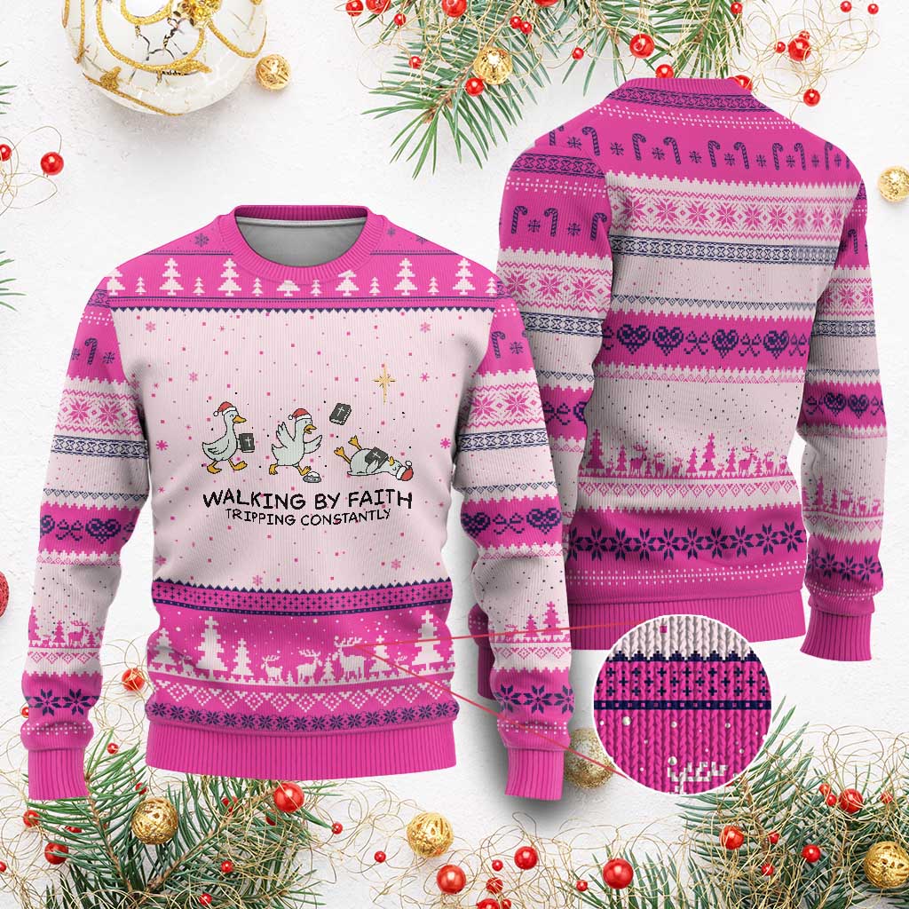 Funny Christian Goose Xmas Ugly Christmas Sweater Walking By Faith Tripping Constantly TS14 Hot Pink Print Your Wear