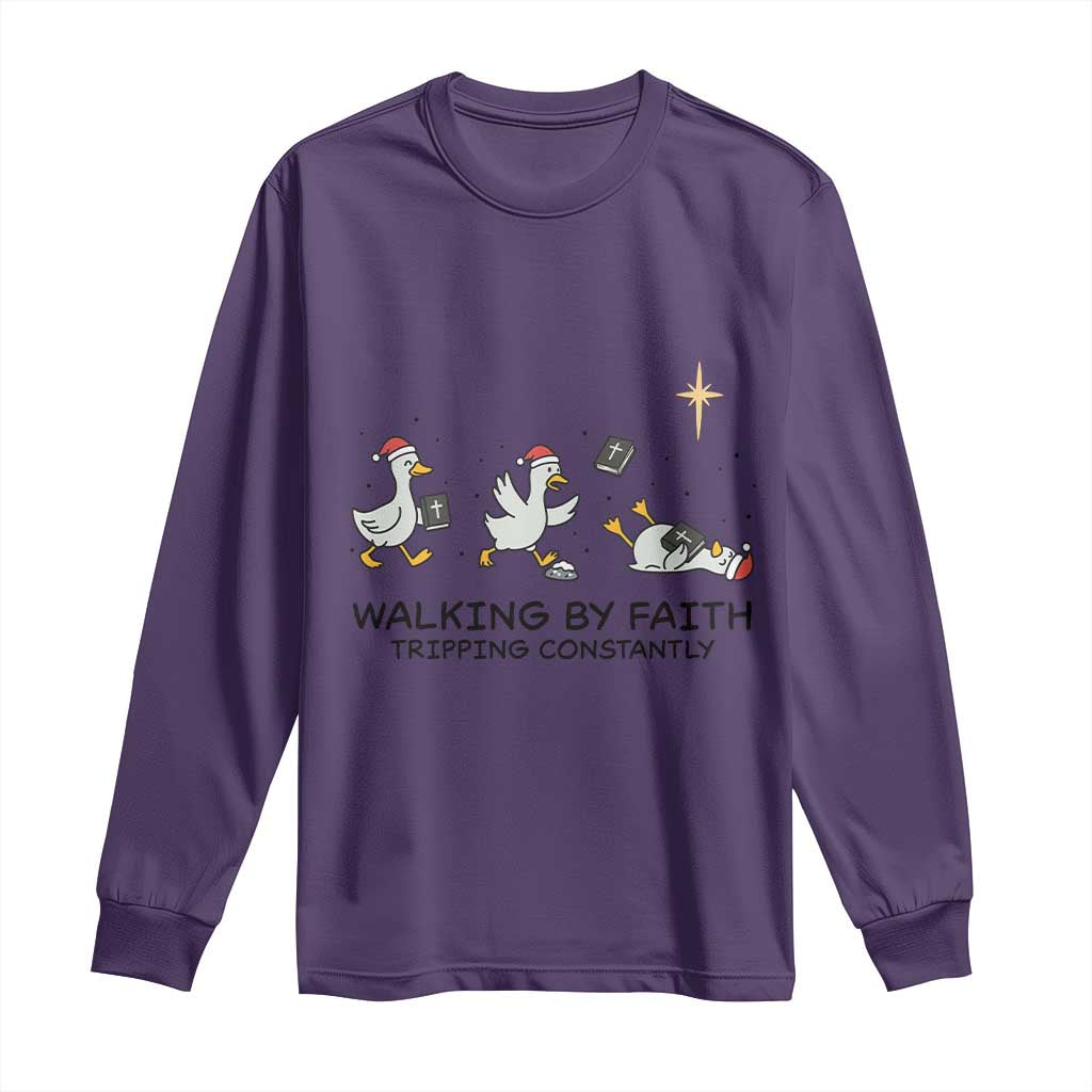 Funny Christian Goose Christmas Long Sleeve Shirt Walking By Faith Tripping Constantly TS14 Purple Print Your Wear