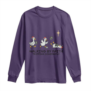 Funny Christian Goose Christmas Long Sleeve Shirt Walking By Faith Tripping Constantly TS14 Purple Print Your Wear