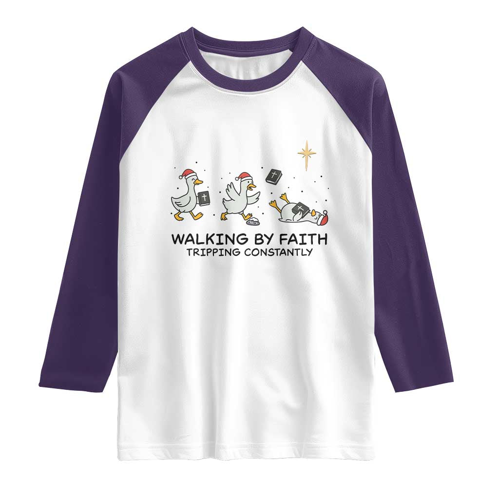 Funny Christian Goose Christmas Raglan Shirt Walking By Faith Tripping Constantly TS14 White Purple Print Your Wear