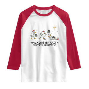 Funny Christian Goose Christmas Raglan Shirt Walking By Faith Tripping Constantly TS14 White Red Print Your Wear