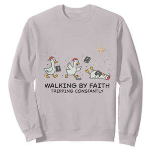 Funny Christian Goose Christmas Sweatshirt Walking By Faith Tripping Constantly TS14 Ice Gray Print Your Wear