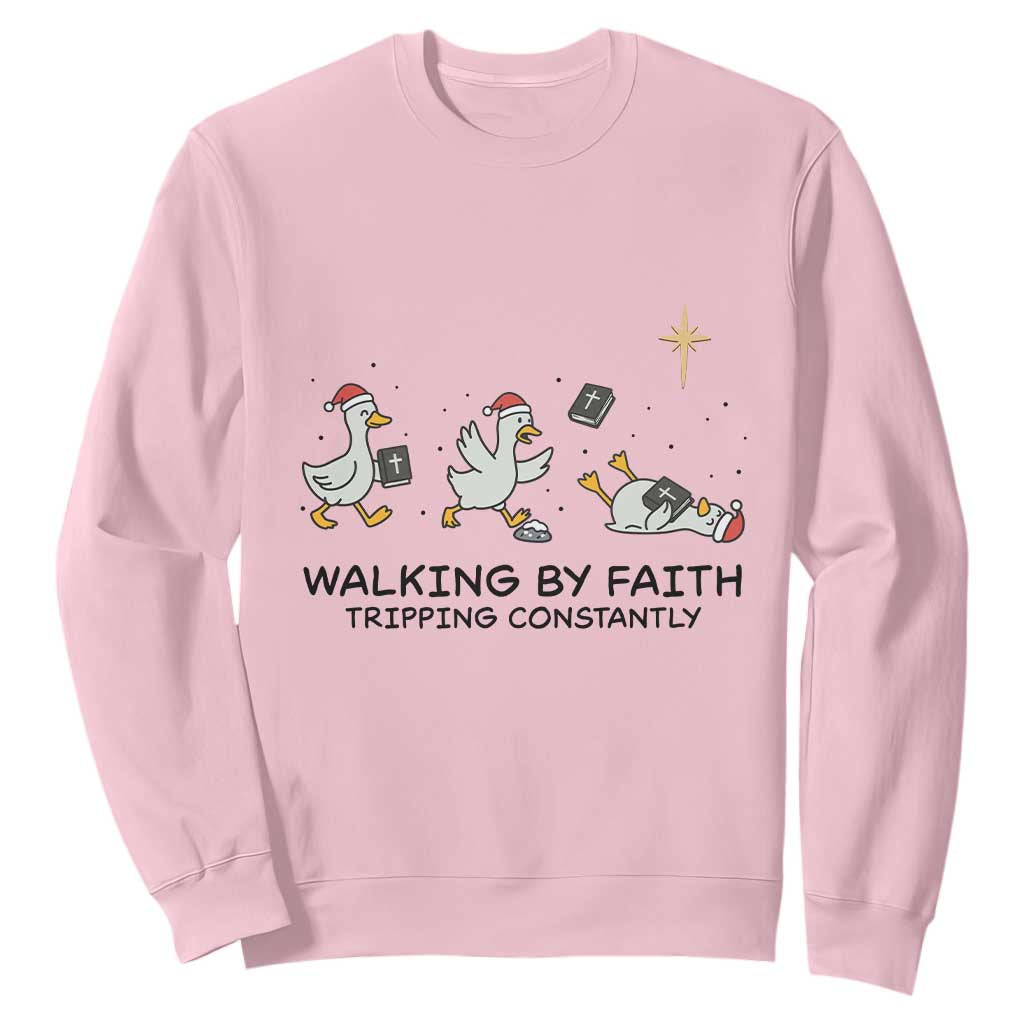 Funny Christian Goose Christmas Sweatshirt Walking By Faith Tripping Constantly TS14 Light Pink Print Your Wear