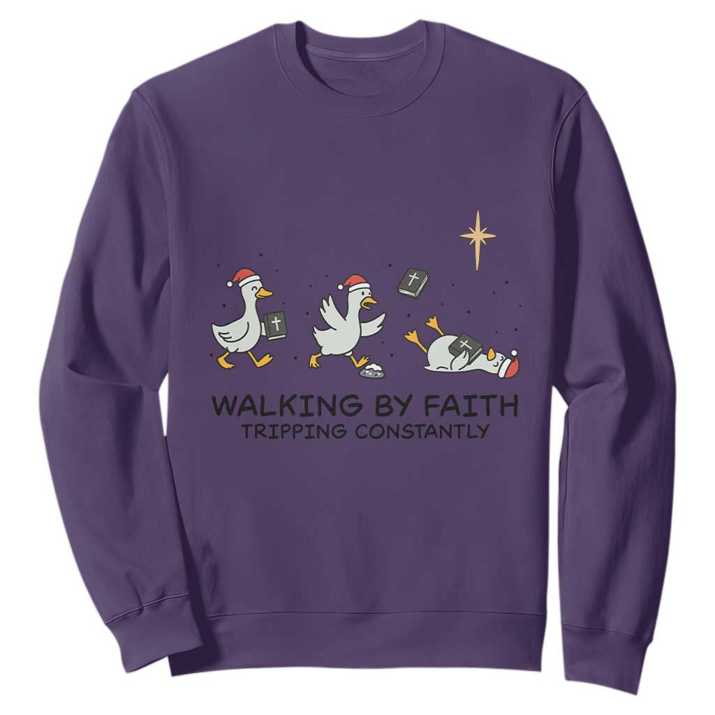 Funny Christian Goose Christmas Sweatshirt Walking By Faith Tripping Constantly TS14 Purple Print Your Wear