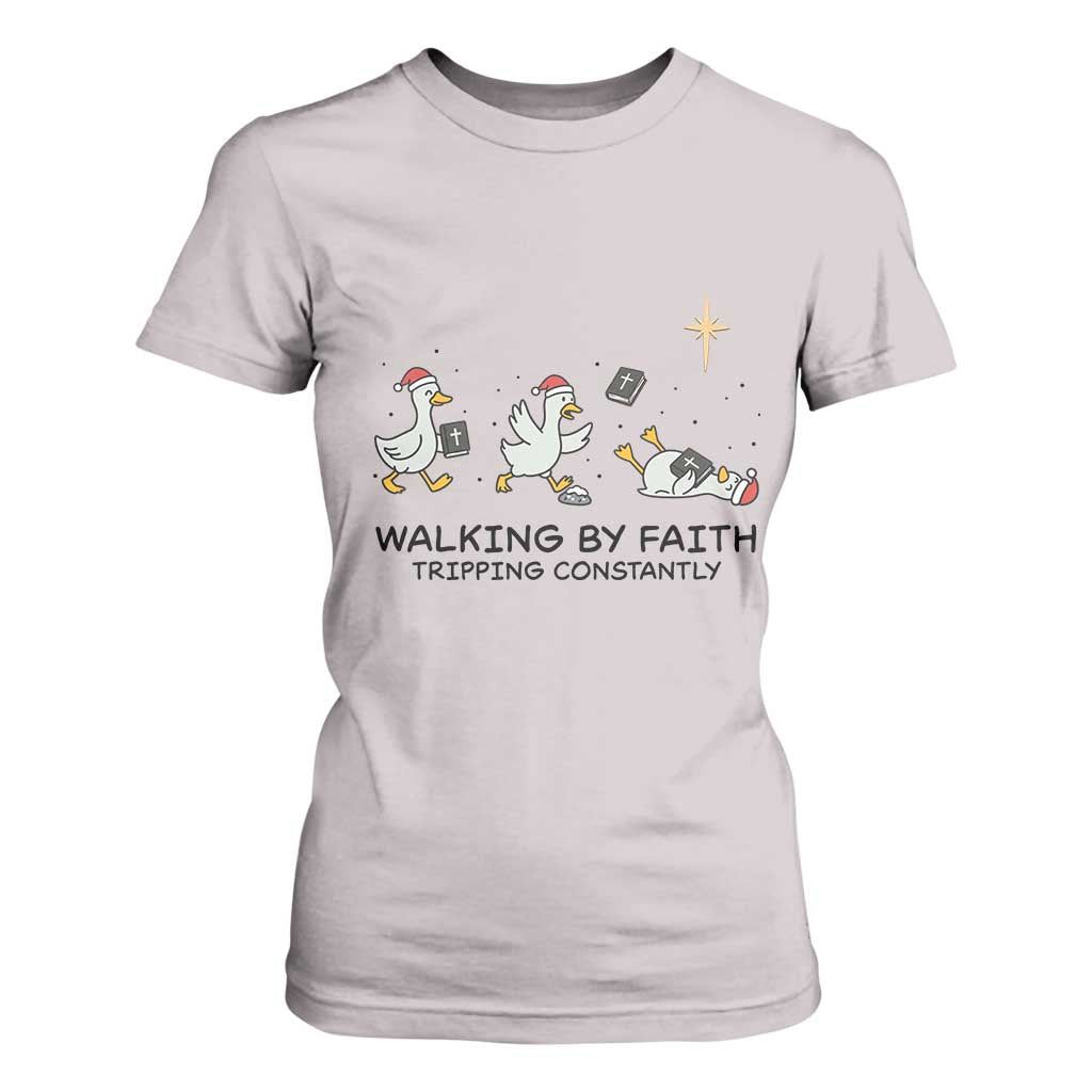 Funny Christian Goose Christmas T Shirt For Women Walking By Faith Tripping Constantly TS14 Ice Gray Print Your Wear