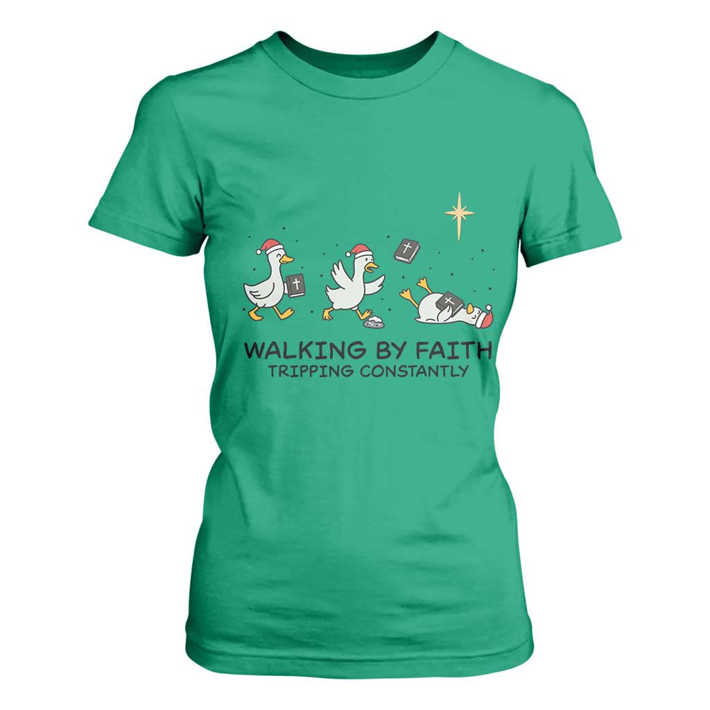 Funny Christian Goose Christmas T Shirt For Women Walking By Faith Tripping Constantly TS14 Irish Green Print Your Wear