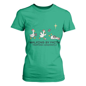 Funny Christian Goose Christmas T Shirt For Women Walking By Faith Tripping Constantly TS14 Irish Green Print Your Wear