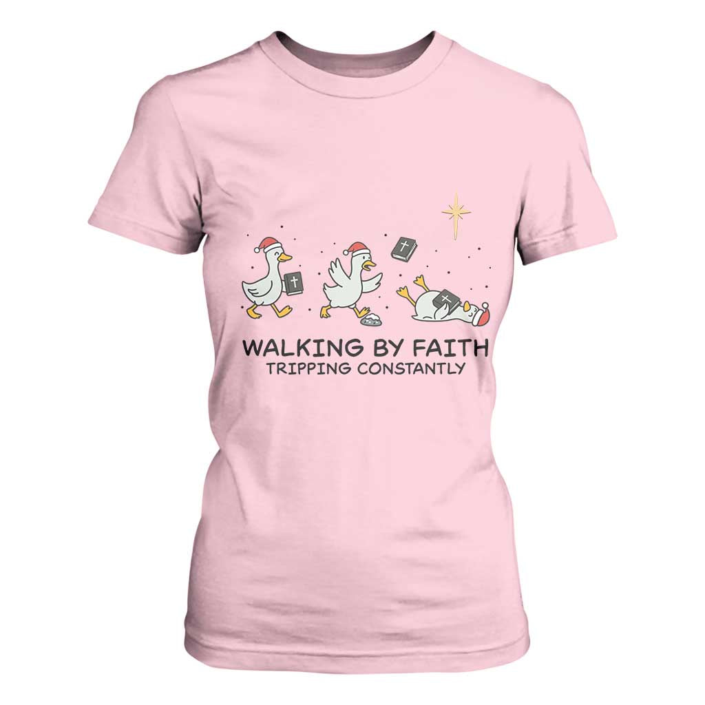 Funny Christian Goose Christmas T Shirt For Women Walking By Faith Tripping Constantly TS14 Light Pink Print Your Wear