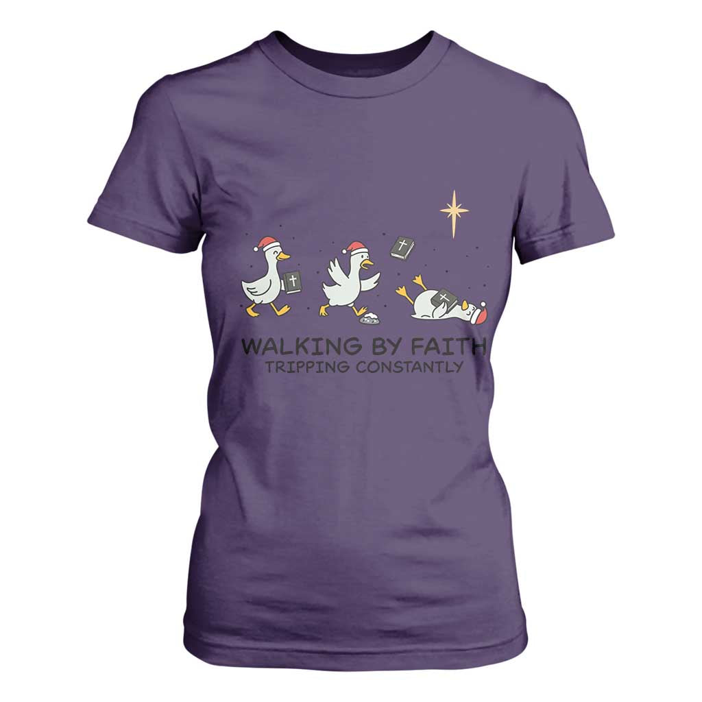 Funny Christian Goose Christmas T Shirt For Women Walking By Faith Tripping Constantly TS14 Purple Print Your Wear