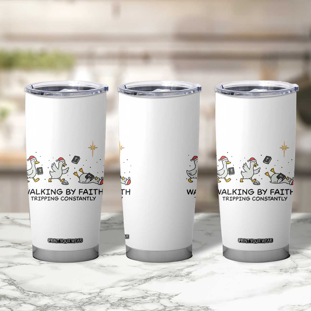Funny Christian Goose Christmas Tumbler Cup Walking By Faith Tripping Constantly TS14 Print Your Wear