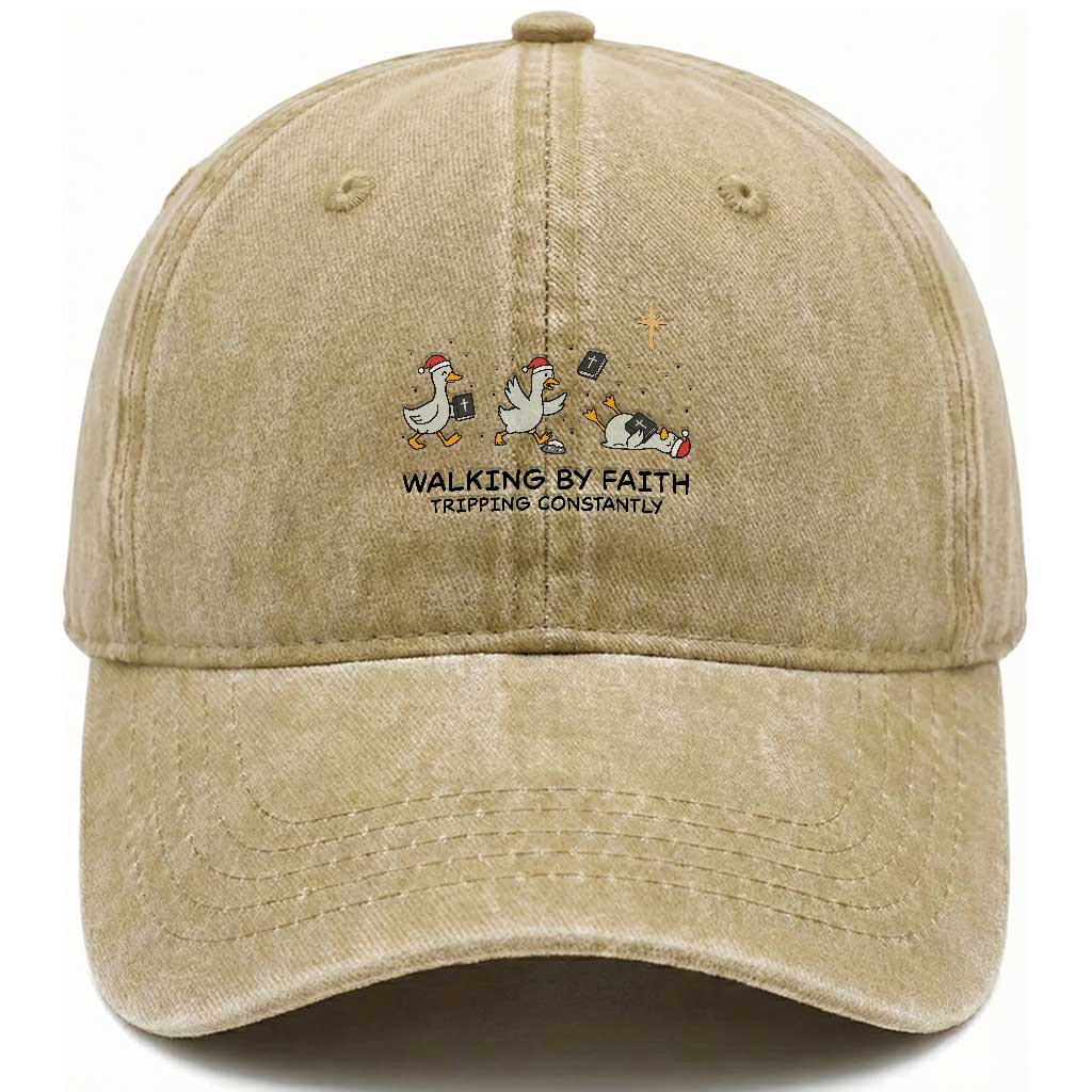 Funny Christian Goose Christmas Washed Cotton Baseball Cap Walking By Faith Tripping Constantly TS14 Washed Cap Universal Fit Khaki Print Your Wear