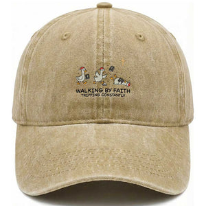 Funny Christian Goose Christmas Washed Cotton Baseball Cap Walking By Faith Tripping Constantly TS14 Washed Cap Universal Fit Khaki Print Your Wear