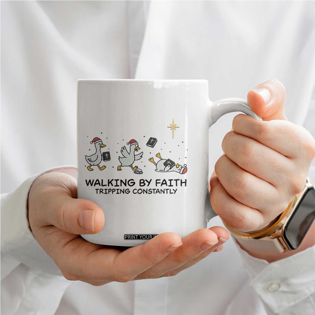 Funny Christian Goose Christmas Coffee Mug Walking By Faith Tripping Constantly - Print Your Wear