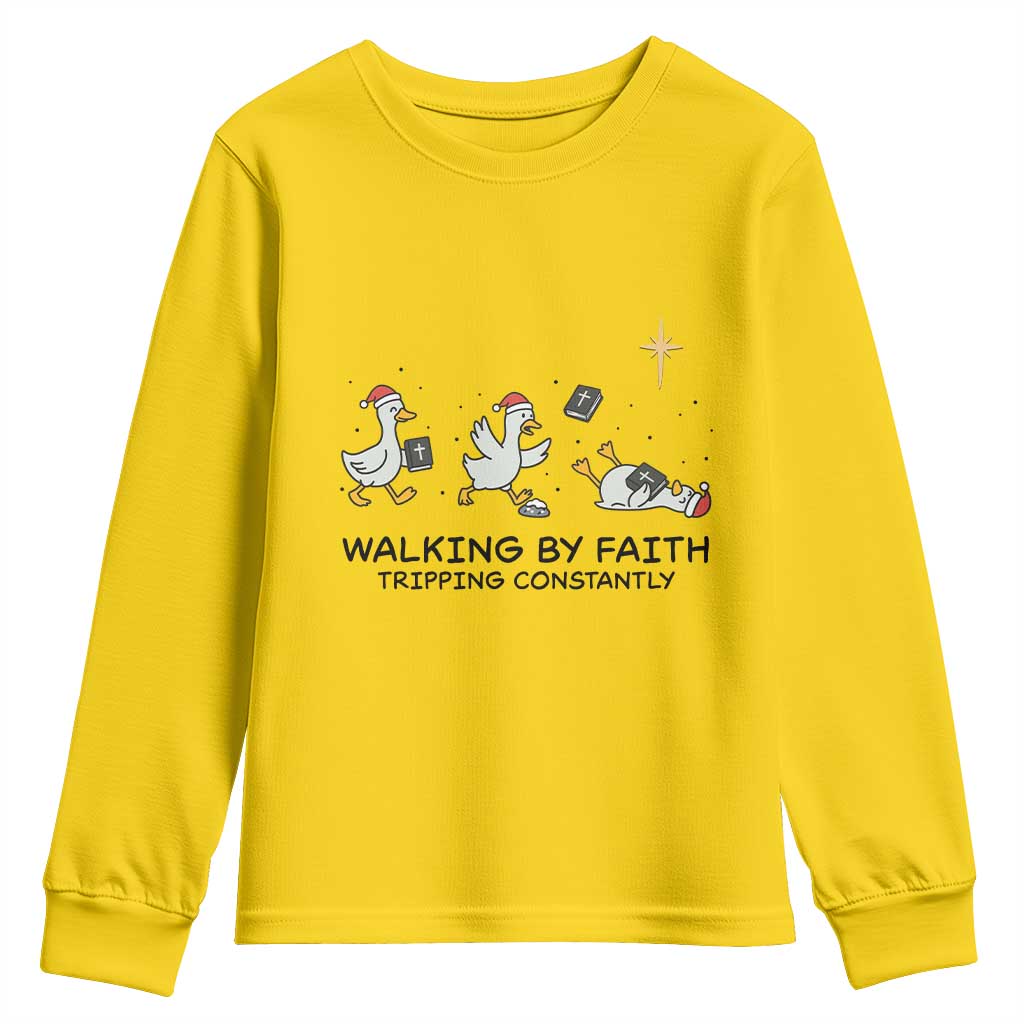Funny Christian Goose Christmas Youth Sweatshirt Walking By Faith Tripping Constantly TS14 Daisy Print Your Wear