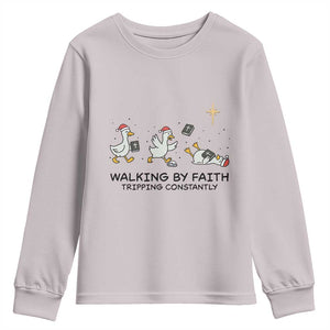 Funny Christian Goose Christmas Youth Sweatshirt Walking By Faith Tripping Constantly TS14 Ice Gray Print Your Wear
