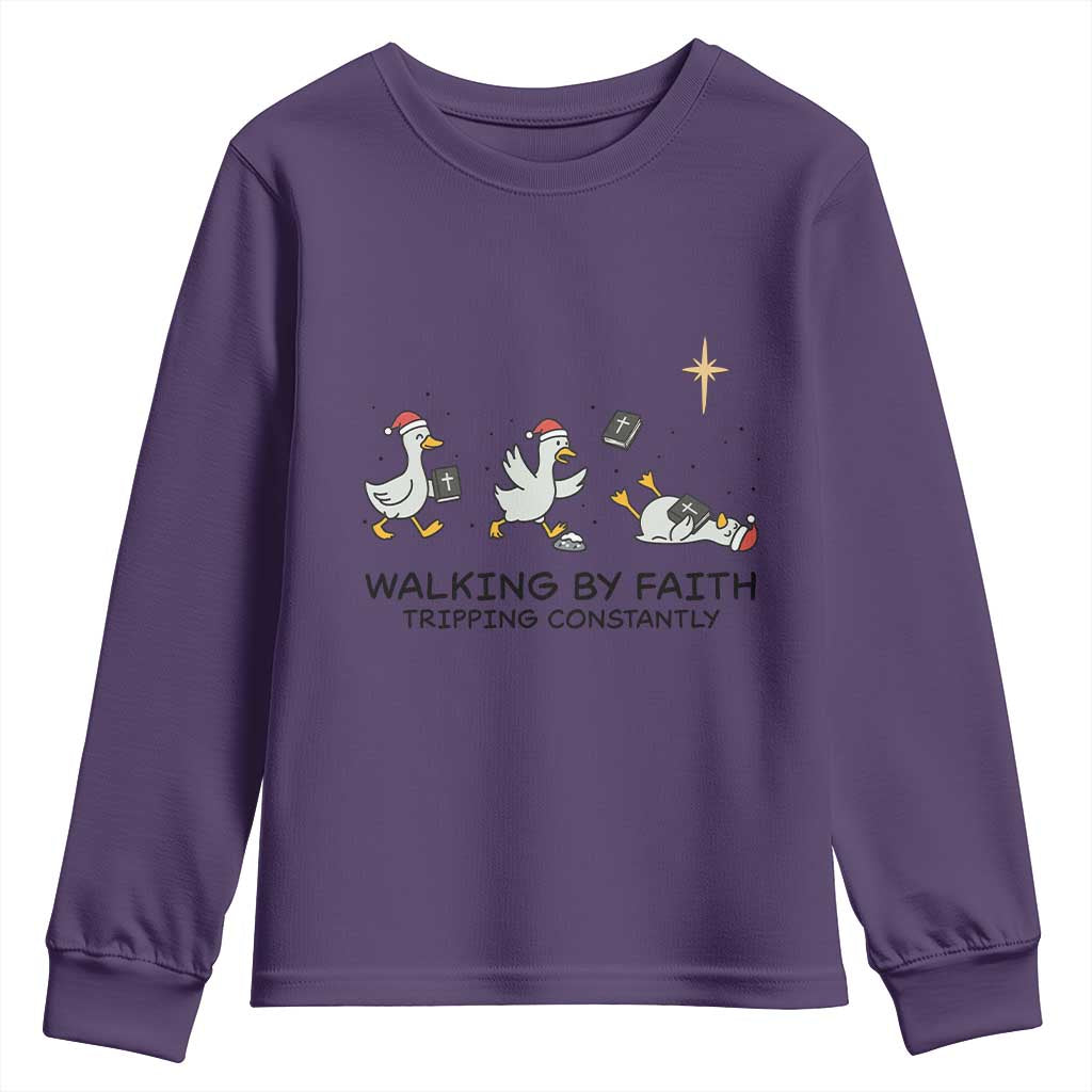 Funny Christian Goose Christmas Youth Sweatshirt Walking By Faith Tripping Constantly TS14 Purple Print Your Wear
