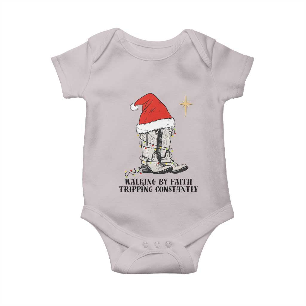 Western Christian Cowboy Baby Onesie Walking By Faith Tripping Constantly TS14 Ice Gray Print Your Wear