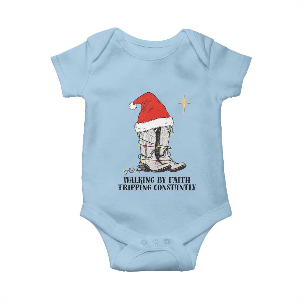 Western Christian Cowboy Baby Onesie Walking By Faith Tripping Constantly TS14 Light Blue Print Your Wear