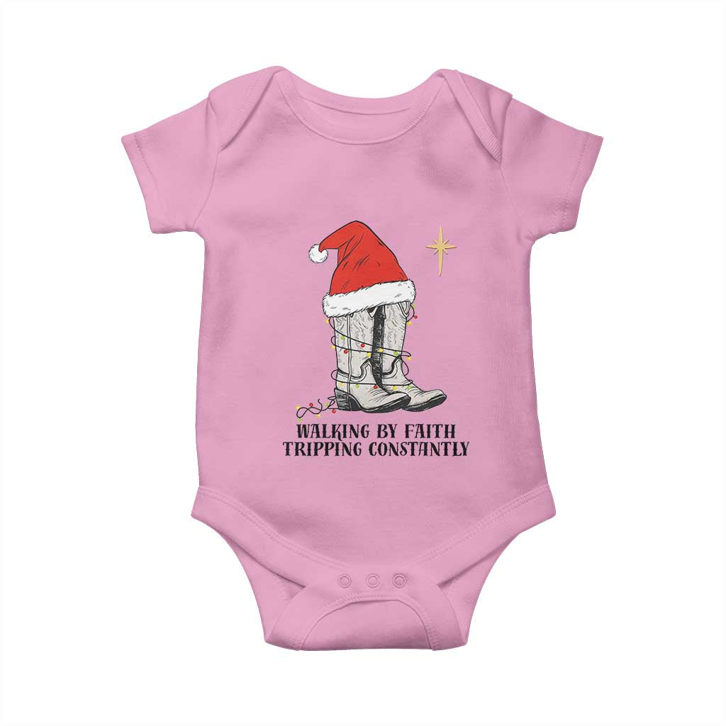 Western Christian Cowboy Baby Onesie Walking By Faith Tripping Constantly TS14 Light Pink Print Your Wear