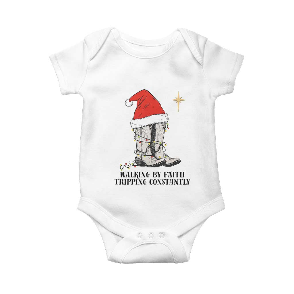 Western Christian Cowboy Baby Onesie Walking By Faith Tripping Constantly TS14 White Print Your Wear