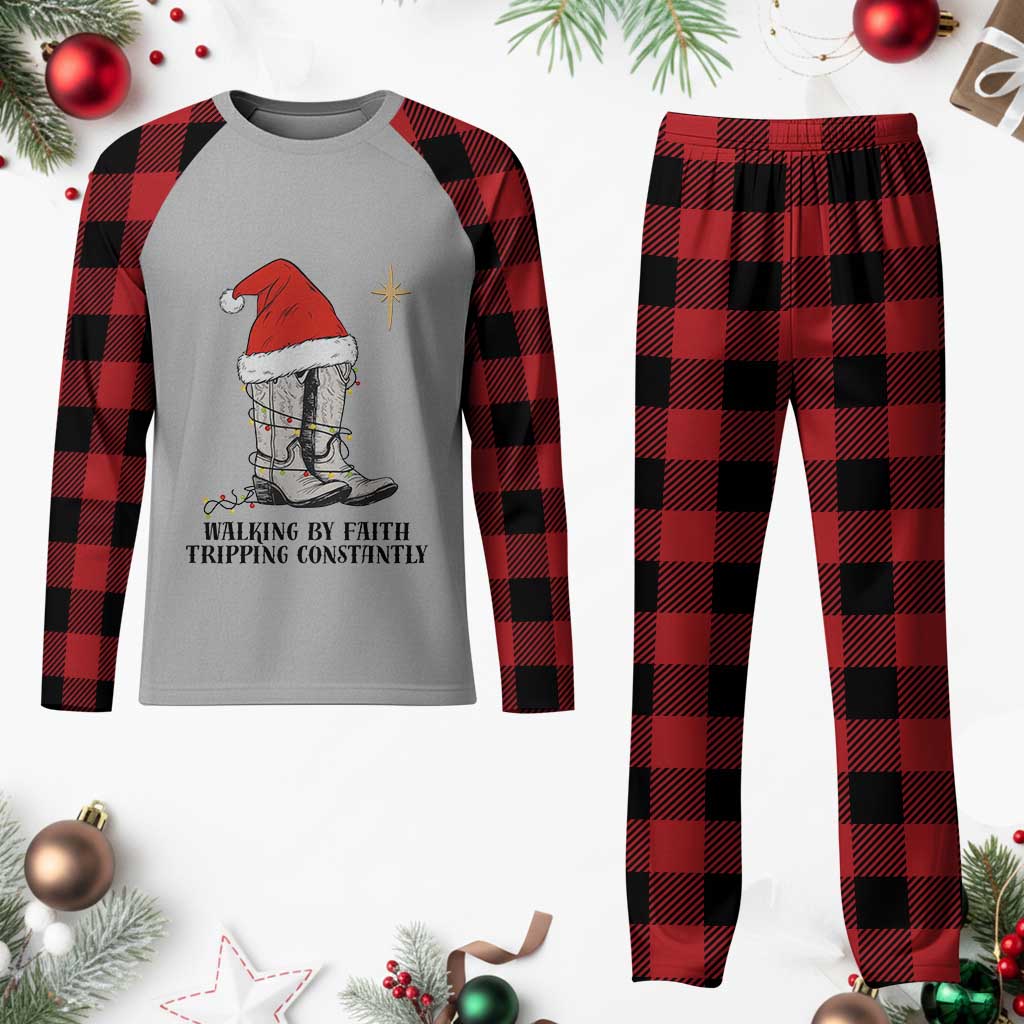 Western Christian Cowboy Plaid Pajama Set Walking By Faith Tripping Constantly TS14 Buffalo Plaid Print Your Wear