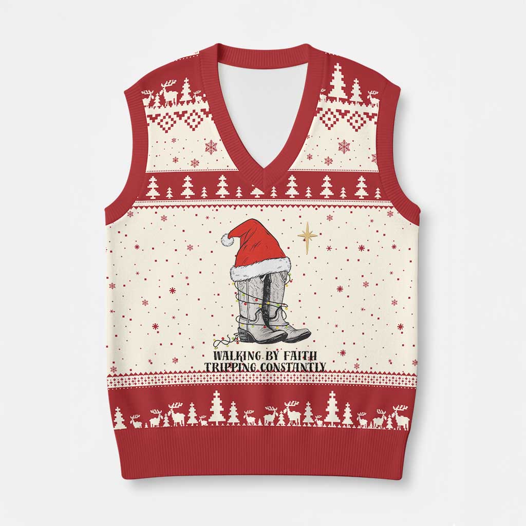 Western Christian Cowboy V-Neck Knit Sweater Vest Walking By Faith Tripping Constantly TS14 Beige Red Print Your Wear