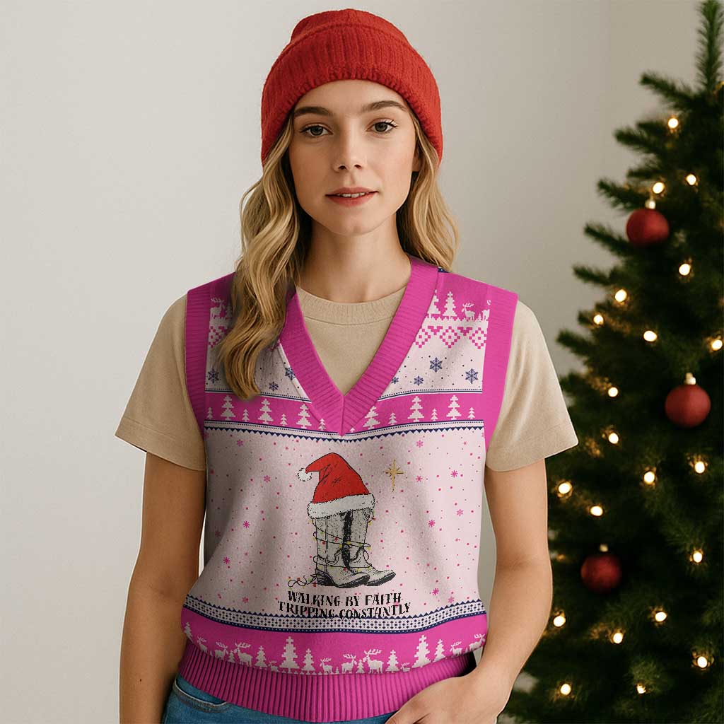 Western Christian Cowboy V-Neck Knit Sweater Vest Walking By Faith Tripping Constantly TS14 Hot Pink Print Your Wear
