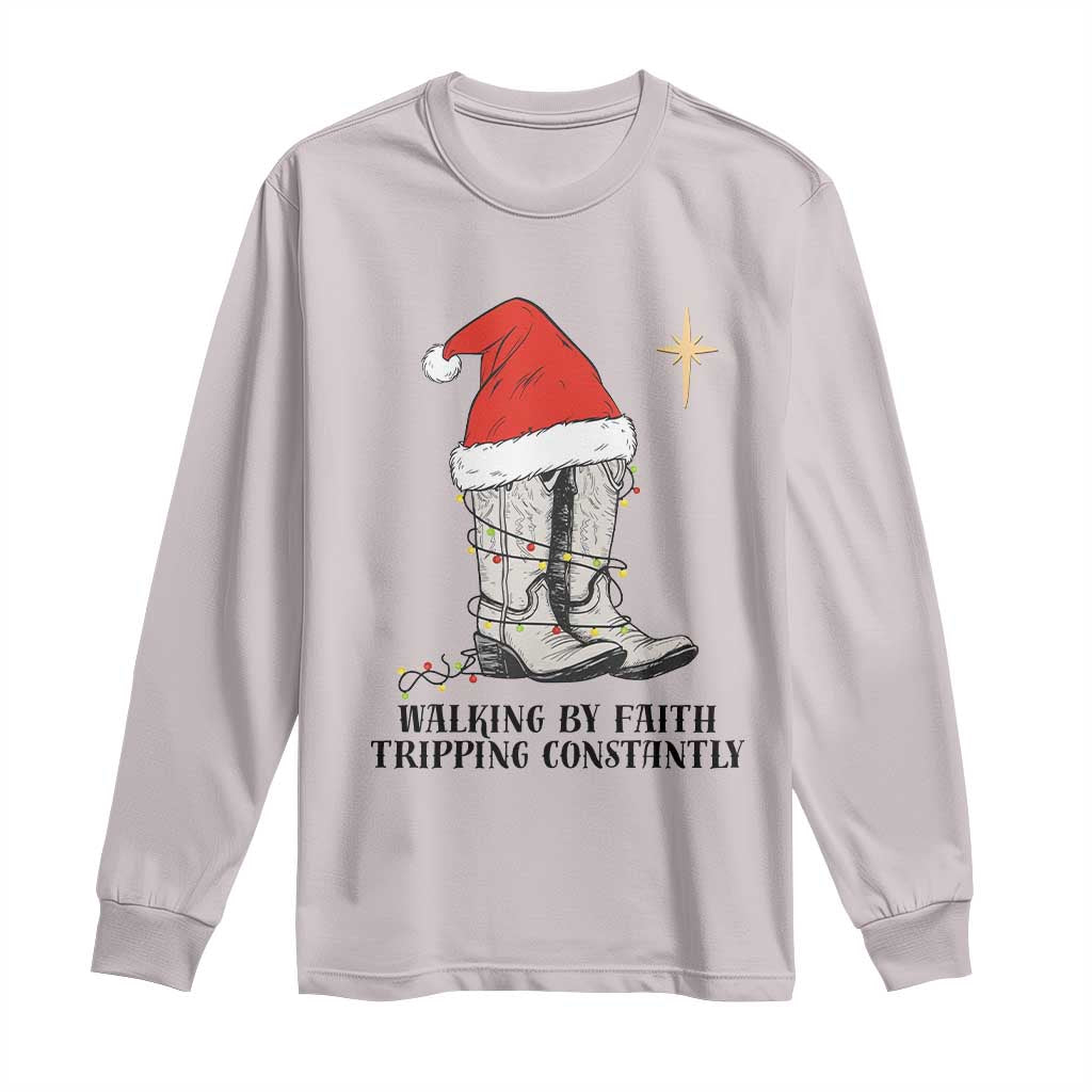 Western Christian Cowboy Long Sleeve Shirt Walking By Faith Tripping Constantly TS14 Ice Gray Print Your Wear