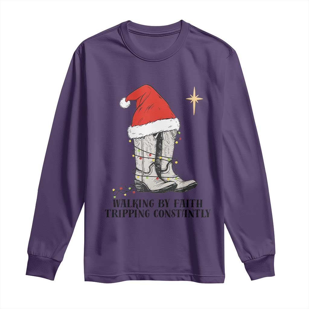 Western Christian Cowboy Long Sleeve Shirt Walking By Faith Tripping Constantly TS14 Purple Print Your Wear