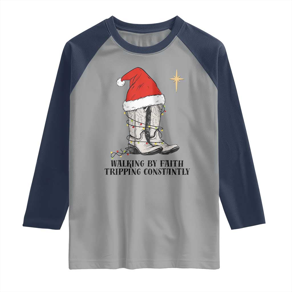 Western Christian Cowboy Raglan Shirt Walking By Faith Tripping Constantly TS14 Sport Gray Navy Print Your Wear