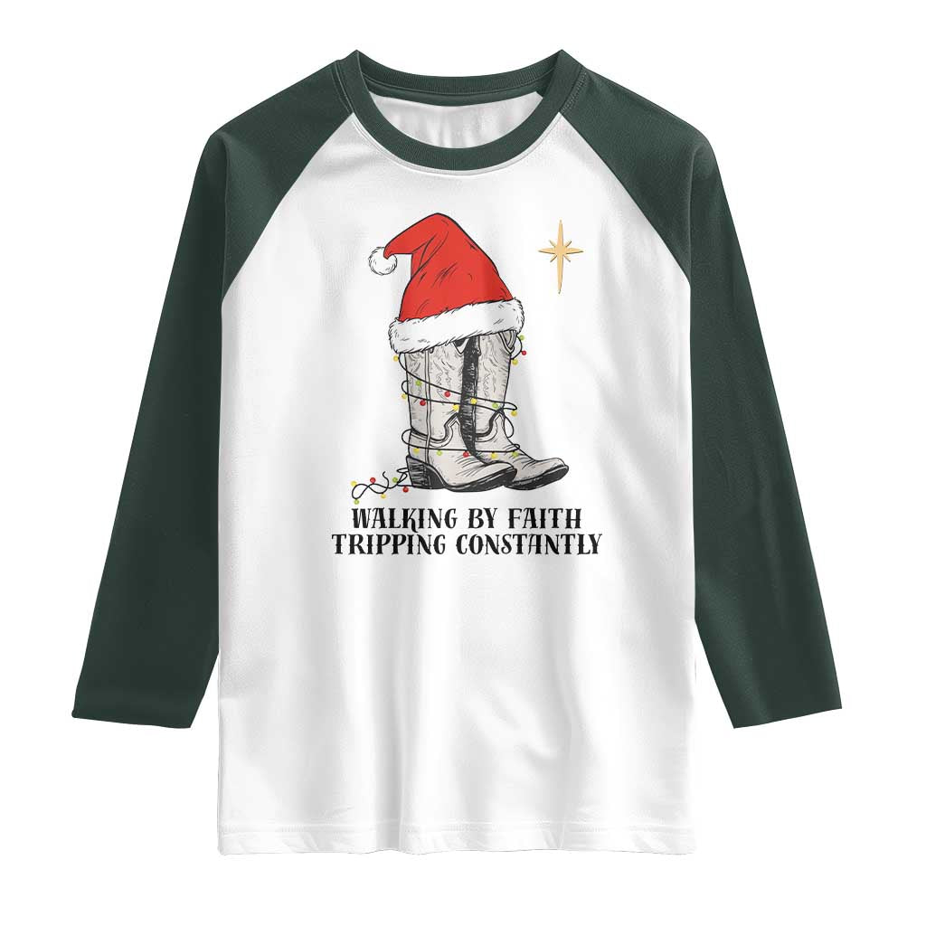 Western Christian Cowboy Raglan Shirt Walking By Faith Tripping Constantly TS14 White Dark Forest Green Print Your Wear