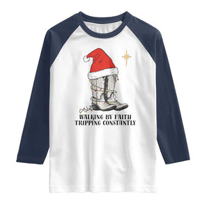 Western Christian Cowboy Raglan Shirt Walking By Faith Tripping Constantly TS14 White Navy Print Your Wear