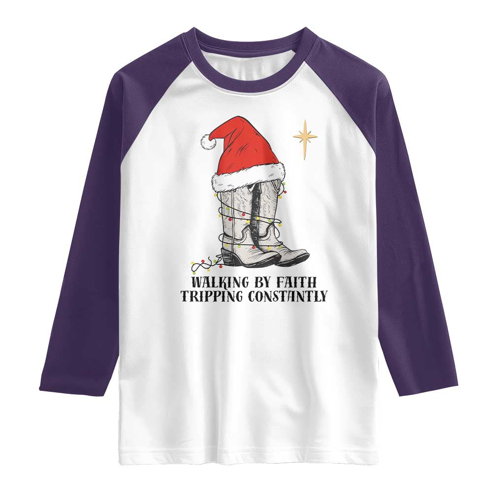 Western Christian Cowboy Raglan Shirt Walking By Faith Tripping Constantly TS14 White Purple Print Your Wear