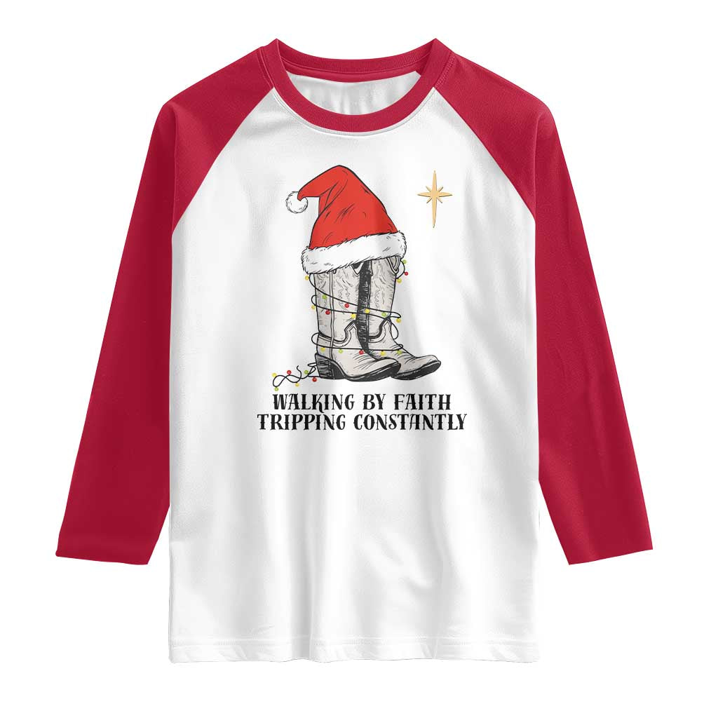Western Christian Cowboy Raglan Shirt Walking By Faith Tripping Constantly TS14 White Red Print Your Wear